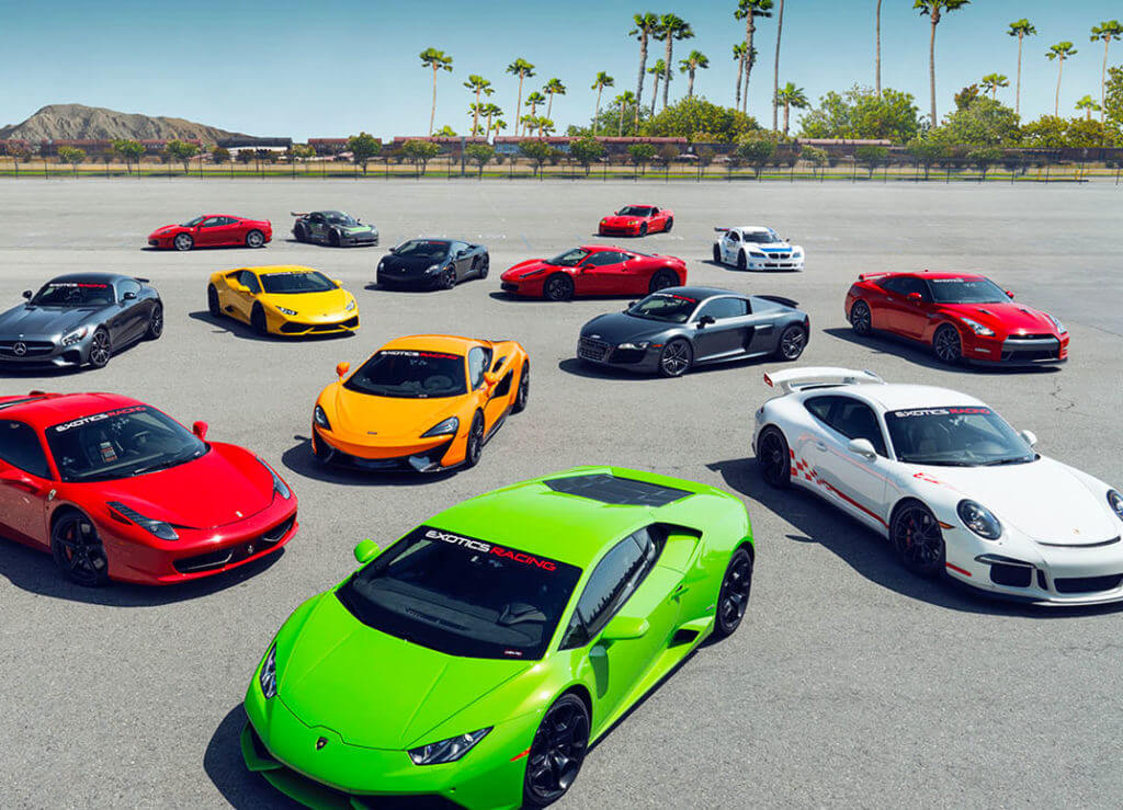 collection of cars from exotics racing in nevada